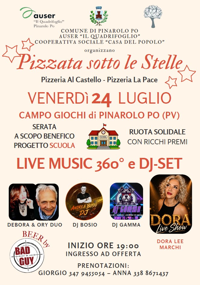 Pizzata sotto le stelle, serata benefica per il progetto scuole, venerdì 24 luglio campo giochi comunale