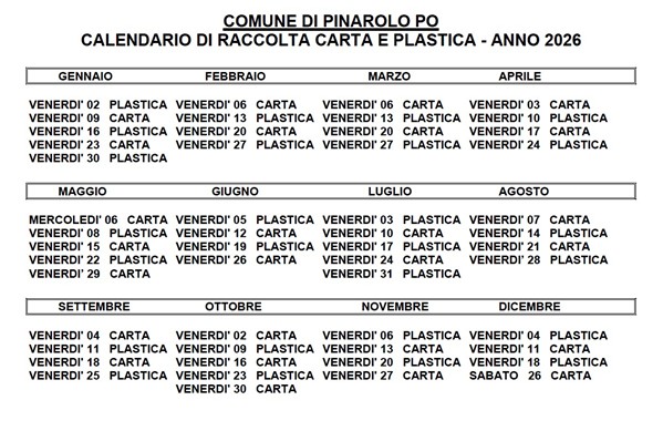 Comune di Pinarolo Po
Calendario Raccolta differenziata porta a porta di Carta e Plastica - Anno 2026