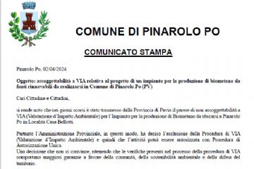 Comunicato Stampa - non assoggettabilit&#224; a VIA per l’Impianto per la produzione di Biometano