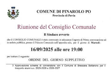 O.d.G. supplettivo Consiglio Comunale del 16/09/2025 ore 19
3. Approvazione schema di convenzione con il Comune di Bressana Bottarone per il trasporto alunni a.s. 2025/26 2026/27
