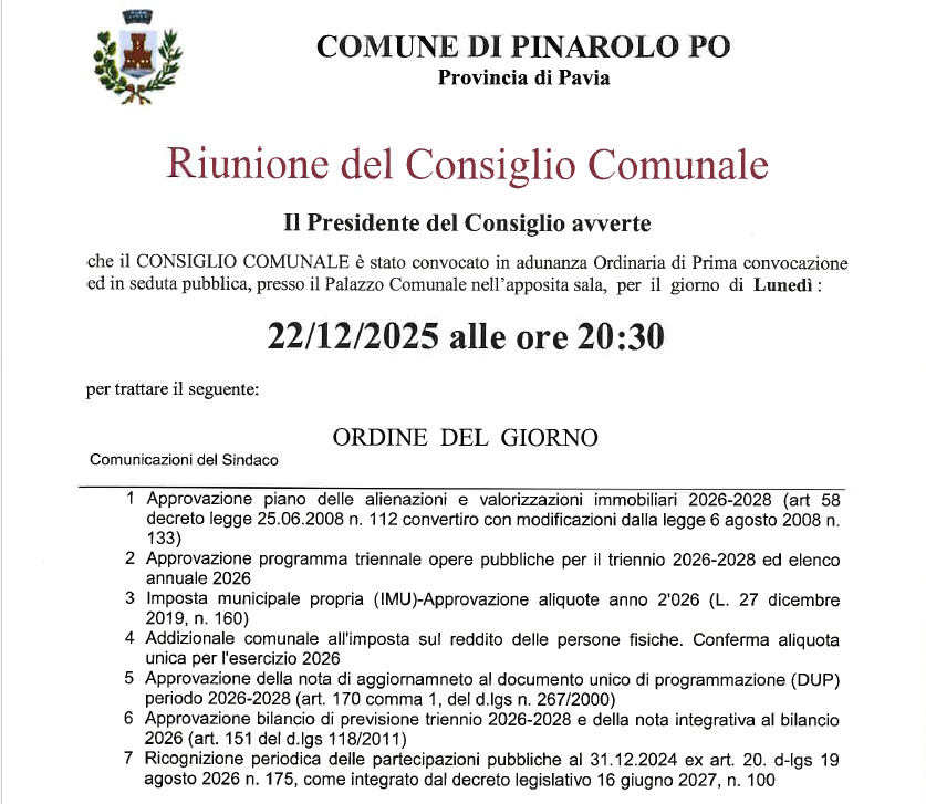 Convocazione del Consiglio Comunale il 22/12/2025 alle ore 20,30