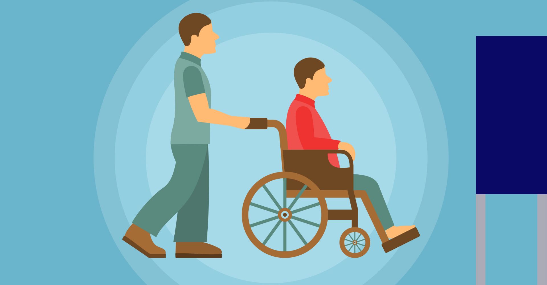 Uomo che spinge uomo in carrozzina verso la cabina elettorale