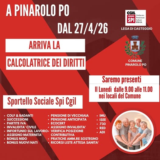 dal 27/4/26 Arriva la Calcolatrice dei diritti - Sportello Sociale Spi Cgil - il lunedì dalle 9.00 alle 11.00 nei locali del comune
