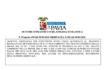 Oggetto Ordinanza provinciale per istituzione senso unico alternato al transito regolato da movieri della sp n. 15 "maccabruna" nel tratto di Via Meda compreso tra la progr. km 10+700 e km 10+900 nel comune di Pinarolo Po (PV) e nel tratto compreso tra la progr. km 13+400 e km 13+600 nel comune di Robecco Pavese dalle ore 06:30 alle ore 19:00, dei giorni feriali dal 07/07/2026 a fine lavori (data presunta 09/07/2026).