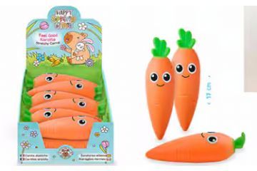 giocattolo arancione a forma di carota con occhi neri e ciuffo verde