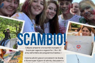 ragazzi che sorridono, attività varie, scritta Scambio sopra le bandiere di Italia, Svezia e Slovenia